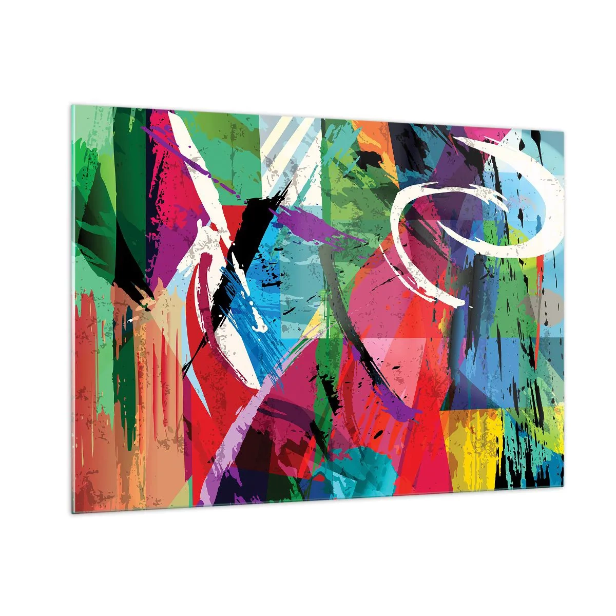 Quadro su vetro - Astrazione colorata con forme e texture dinamiche - 100x70cm - Veloce, vivo e saltellante - Decorazione murale moderna per soggiorno e camera da letto ARTTOR