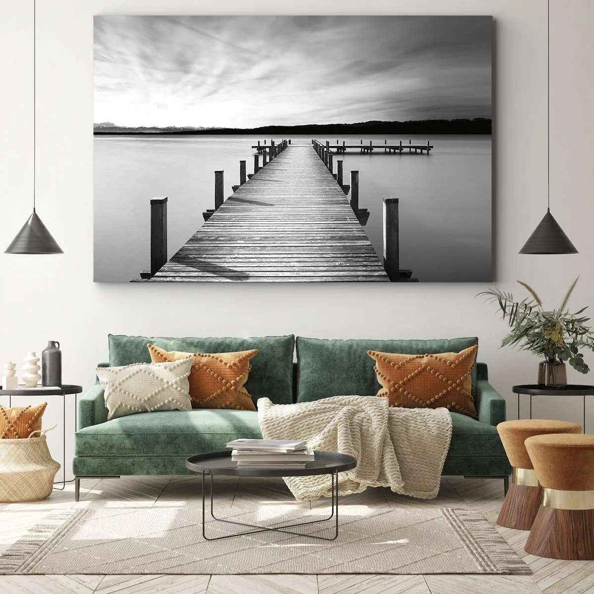 Quadro su tela - Stampe su Tela - Un molo bianco e nero su un lago calmo - 100x70cm - Pace sull'acqua - Decorazione murale moderna per soggiorno e camera da letto ARTTOR