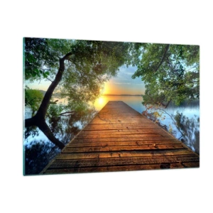 Quadro su vetro - Molo di legno sul lago al tramonto - 120x80cm - Non avere fretta, siediti - Decorazione murale moderna per soggiorno e camera da letto ARTTOR