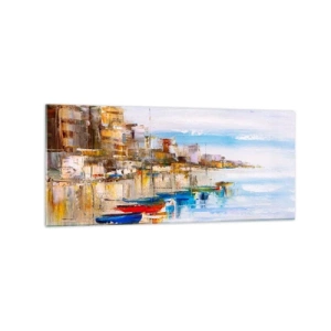 Quadro su vetro - Barche colorate sulla riva con vista sullo skyline della città - 120x50cm - Molo cittadino multicolore - Decorazione murale moderna per soggiorno e camera da letto ARTTOR
