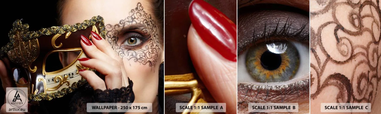 Campione Di Fotomurale Standard Eco - Il mio mondo è barocco - Donna, Maschera veneziana, Palla - 100x30 cm