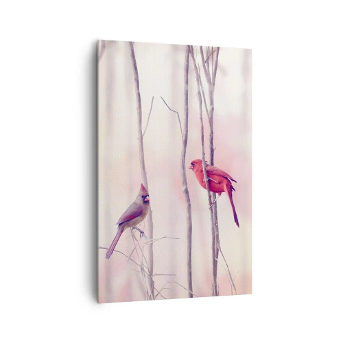 Quadro su tela - Stampe su Tela - Una coppia di cardinali appollaiati sui rami in un paesaggio pastello - 80x120cm - Il racconto del bosco rosa - Decorazione murale moderna per soggiorno e camera da letto ARTTOR