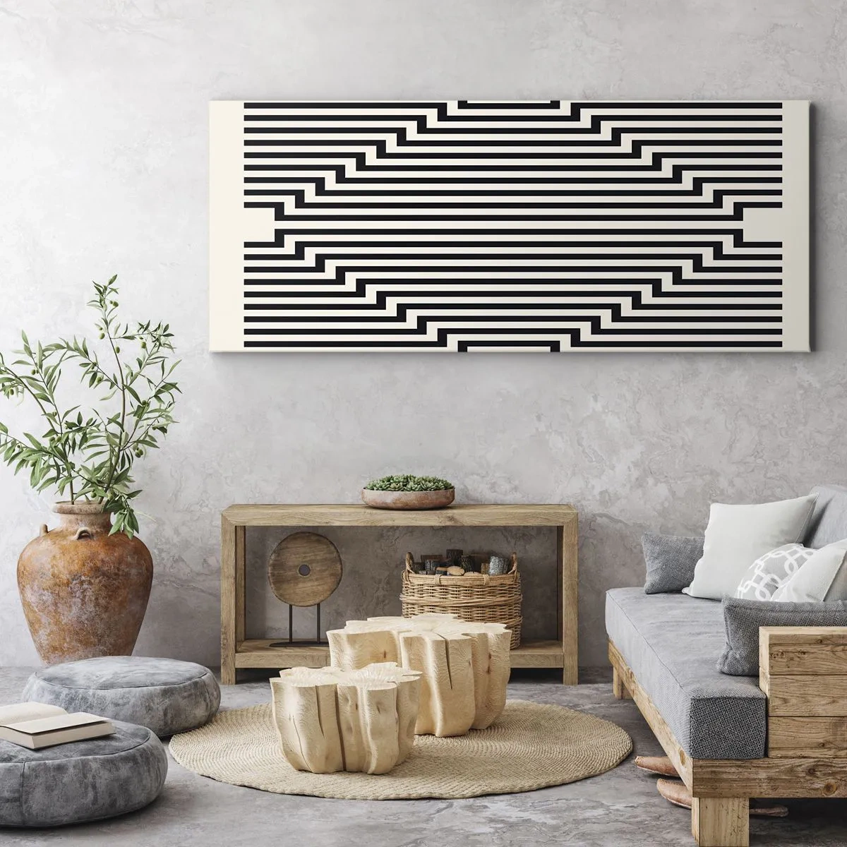 Quadro su tela - Stampe su Tela - Linee bianche e nere che creano un effetto di illusione geometrica - 120x50cm - Illusione geometrica - Decorazione murale moderna per soggiorno e camera da letto ARTTOR