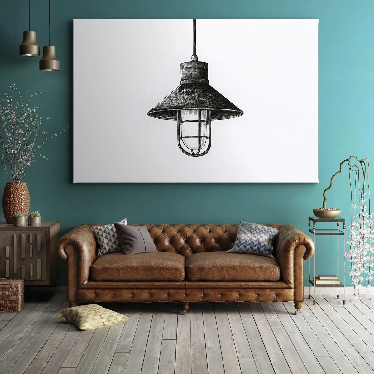 Quadro su tela - Stampe su Tela - Disegno di una lampada a sospensione retrò su sfondo bianco - 120x80cm - Come tanti anni fa... - Decorazione murale moderna per soggiorno e camera da letto ARTTOR
