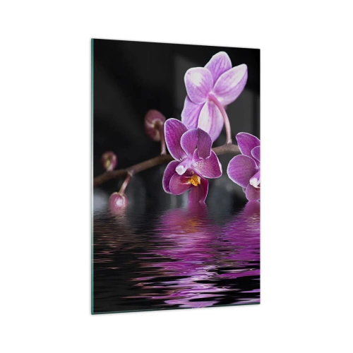 Quadro su vetro - Orchidee viola su acqua calma su sfondo nero - 70x100cm - La bellezza riflessa dai gigli - Decorazione murale moderna per soggiorno e camera da letto ARTTOR