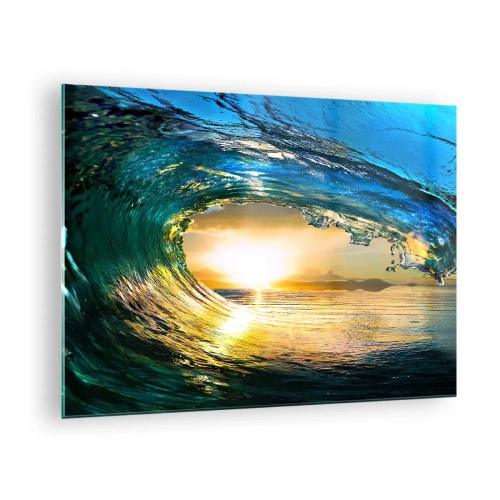 Quadro su vetro - Un'onda dell'oceano catturata alla luce del sole al tramonto - 70x50cm - Nel cristallo oro e smeraldo - Decorazione murale moderna per soggiorno e camera da letto ARTTOR
