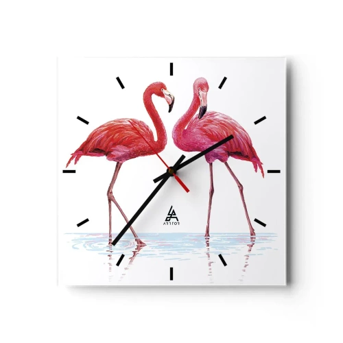Orologio da parete - Orologio in Vetro - Una coppia di fenicotteri nell'acqua su uno sfondo chiaro - 30x30cm - Appuntamento in rosa - Decorazione murale moderna per soggiorno e camera da letto ARTTOR