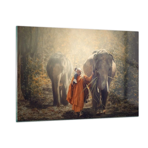 Quadro su vetro - Un monaco con due elefanti in una foresta - 120x80cm - Comprensione perfetta - Decorazione murale moderna per soggiorno e camera da letto ARTTOR