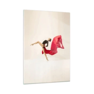 Quadro su vetro - Una ballerina in un salto dinamico con tessuto rosso - 50x70cm - Rosso e nero - Decorazione murale moderna per soggiorno e camera da letto ARTTOR