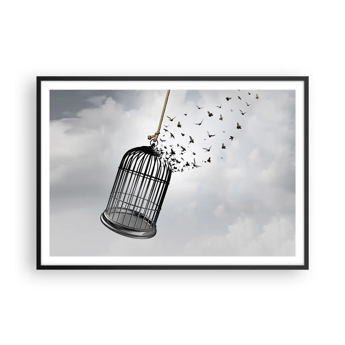 Poster in cornice nera - Uccelli che volano fuori da una gabbia contro il cielo - 100x70cm - Fede... Speranza... Libertà! - Decorazione murale moderna per soggiorno e camera da letto ARTTOR