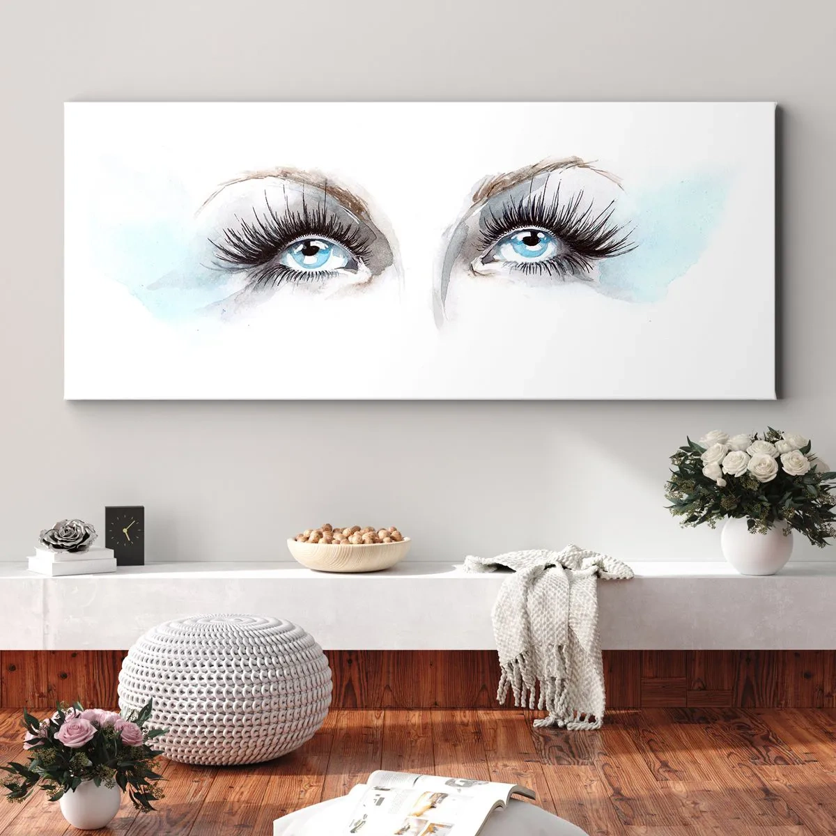 Quadro su tela - Stampe su Tela - Acquerello con occhi azzurri e accenti delicati - 120x50cm - Occhi d'angelo? - Decorazione murale moderna per soggiorno e camera da letto ARTTOR