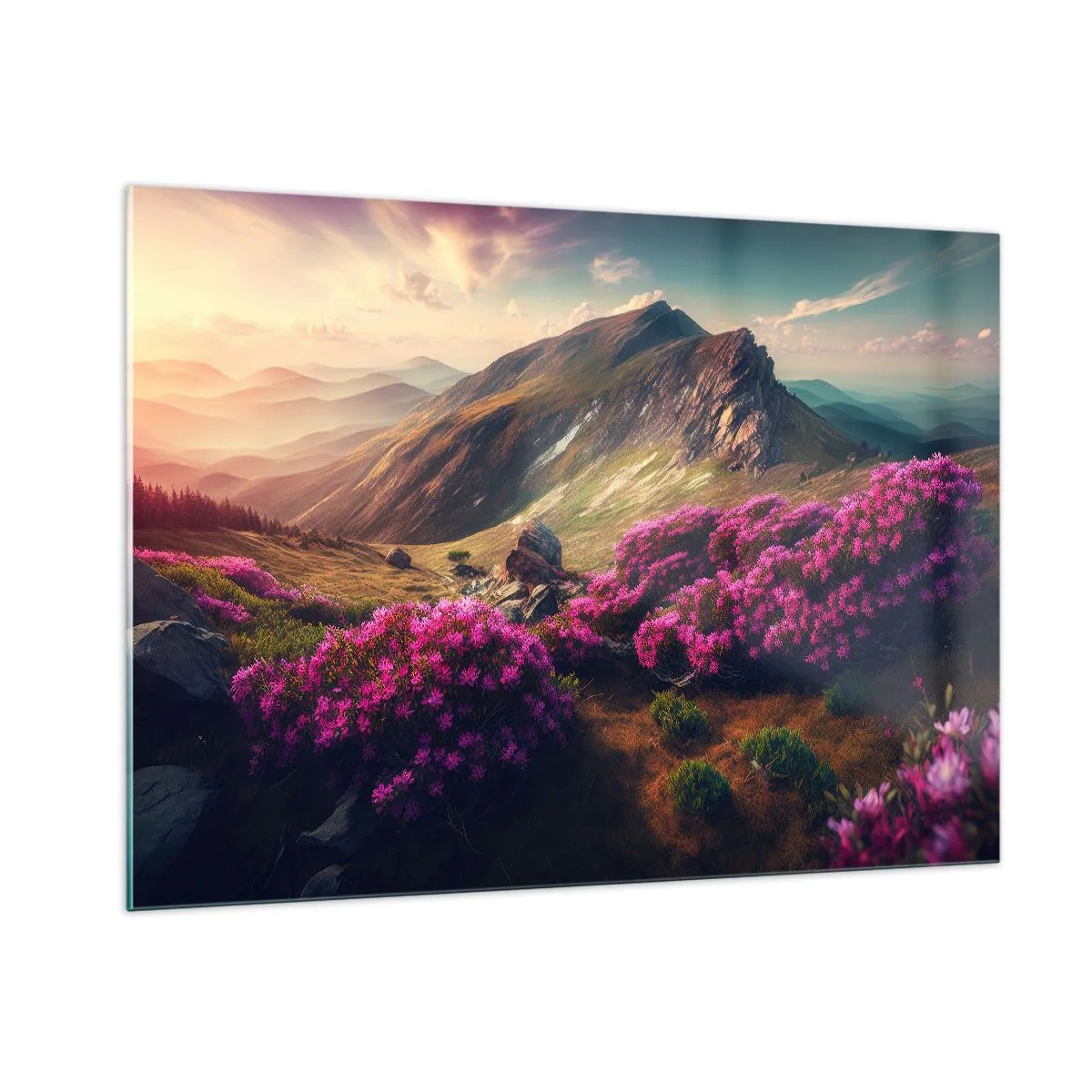 Quadro su vetro - Paesaggio montano estivo con erica rosa in fiore - 100x70cm - L'estate sui monti - Decorazione murale moderna per soggiorno e camera da letto ARTTOR