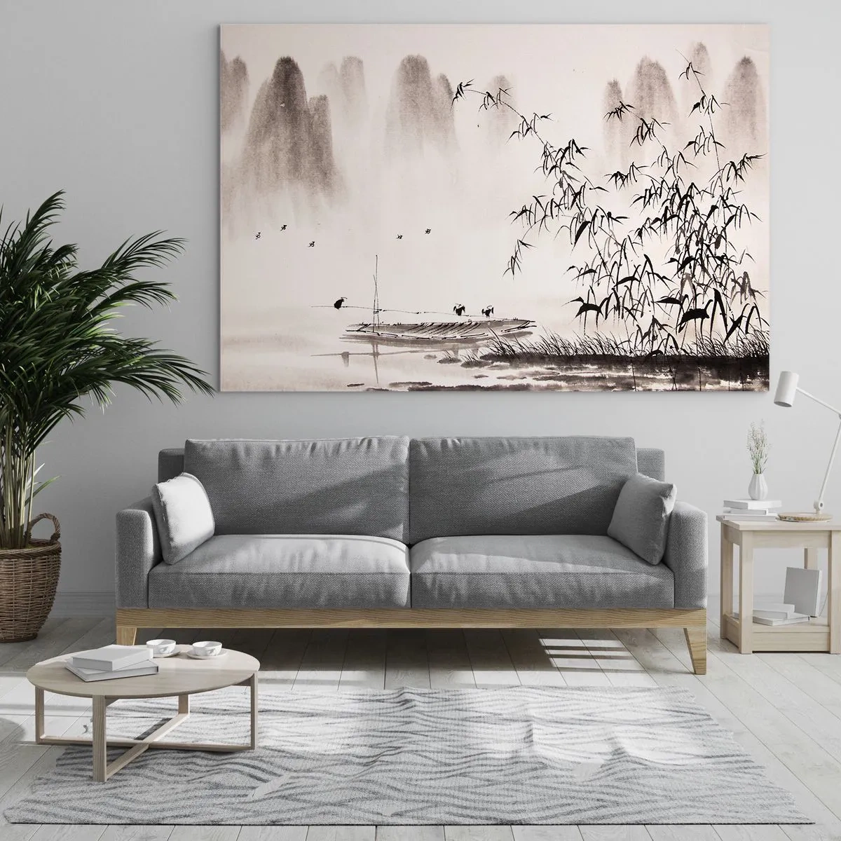 Quadro su vetro - Una scena minimalista con bambù e una barca su un lago. - 120x80cm - Il silenzio dei campi di riso - Decorazione murale moderna per soggiorno e camera da letto ARTTOR