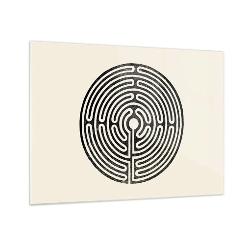 Quadro su vetro - Un labirinto bianco e nero di forma circolare su uno sfondo chiaro. - 70x50cm - Ordine misterioso - Decorazione murale moderna per soggiorno e camera da letto ARTTOR