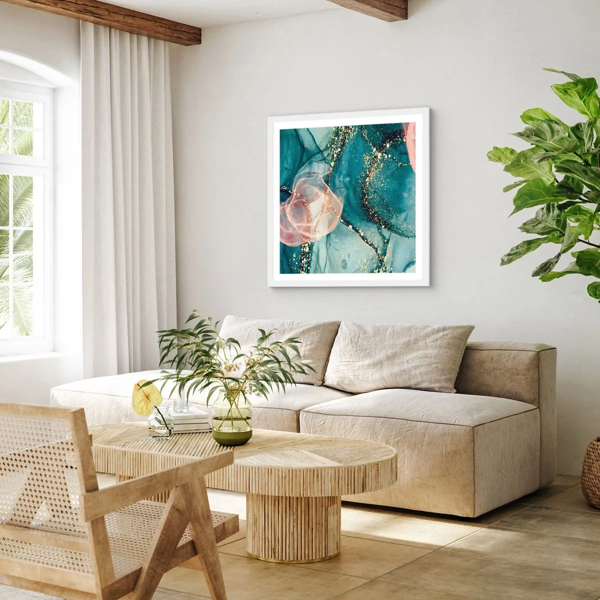 Poster in cornice bianca - Blu di seta, rosa di tulle - 60x60 cm