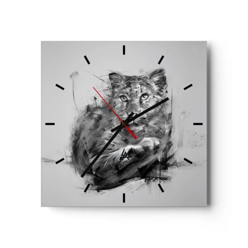 Orologio da parete - Orologio in Vetro - Ritratto in bianco e nero di un leone in stile artistico con tratti dinamici. - 30x30cm - Si, ascolto attentamente - Decorazione murale moderna per soggiorno e camera da letto ARTTOR
