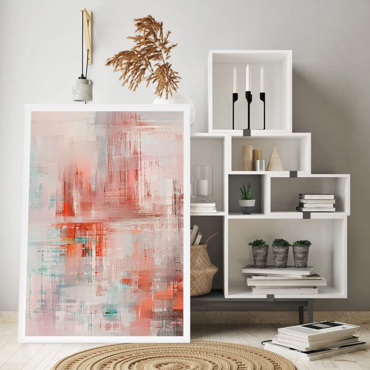 Poster - Composizione astratta nei toni del rosso e del blu - 50x70cm - Nebbiose e rosate - Decorazione murale moderna per soggiorno e camera da letto ARTTOR