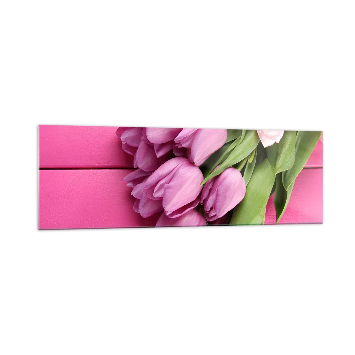 Quadro su vetro - Un mazzo di tulipani rosa con un fiocco su uno sfondo rosa - 160x50cm - Proprio per te - Decorazione murale moderna per soggiorno e camera da letto ARTTOR