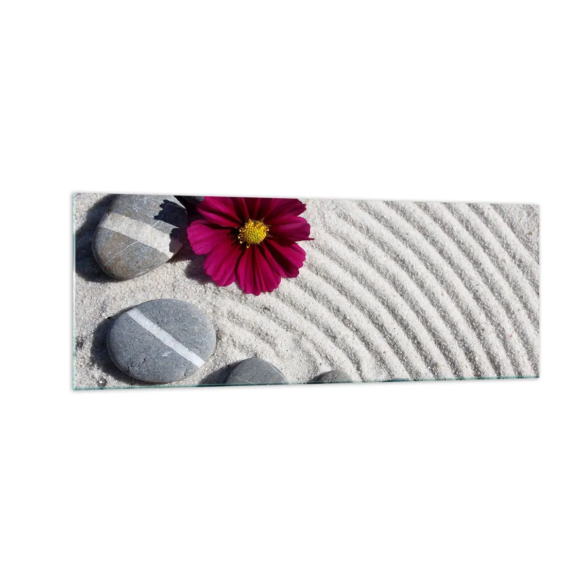 Quadro su vetro - Pietre e un fiore rosa sulla sabbia in stile zen - 140x50cm - Energia e pace nel cerchio magico della natura - Decorazione murale moderna per soggiorno e camera da letto ARTTOR