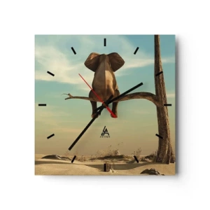 Orologio da parete - Orologio in Vetro - Un elefante seduto su un ramo che domina un paesaggio desertico - 30x30cm - Nuovo punto di vista - Decorazione murale moderna per soggiorno e camera da letto ARTTOR