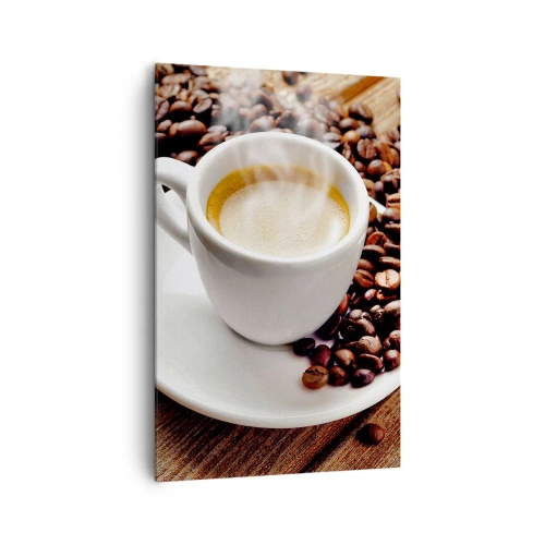 Quadro su tela - Stampe su Tela - Una tazza di caffè aromatico sullo sfondo di chicchi e una foglia - 80x120cm - Il caffè è pronto - Decorazione murale moderna per soggiorno e camera da letto ARTTOR
