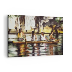 Quadro su tela - Stampe su Tela - Donne in barca su un fiume calmo con uno sfondo pittoresco - 100x70cm - Nel paradiso della Polinesia - Decorazione murale moderna per soggiorno e camera da letto ARTTOR