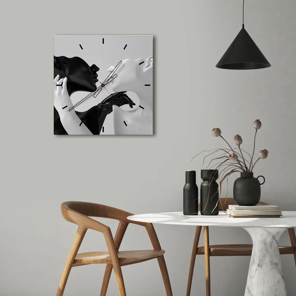 Orologio da parete - Orologio in Vetro - Silhouette in bianco e nero in primo piano dinamico - 30x30cm - Desiderio - attrazione - Decorazione murale moderna per soggiorno e camera da letto ARTTOR