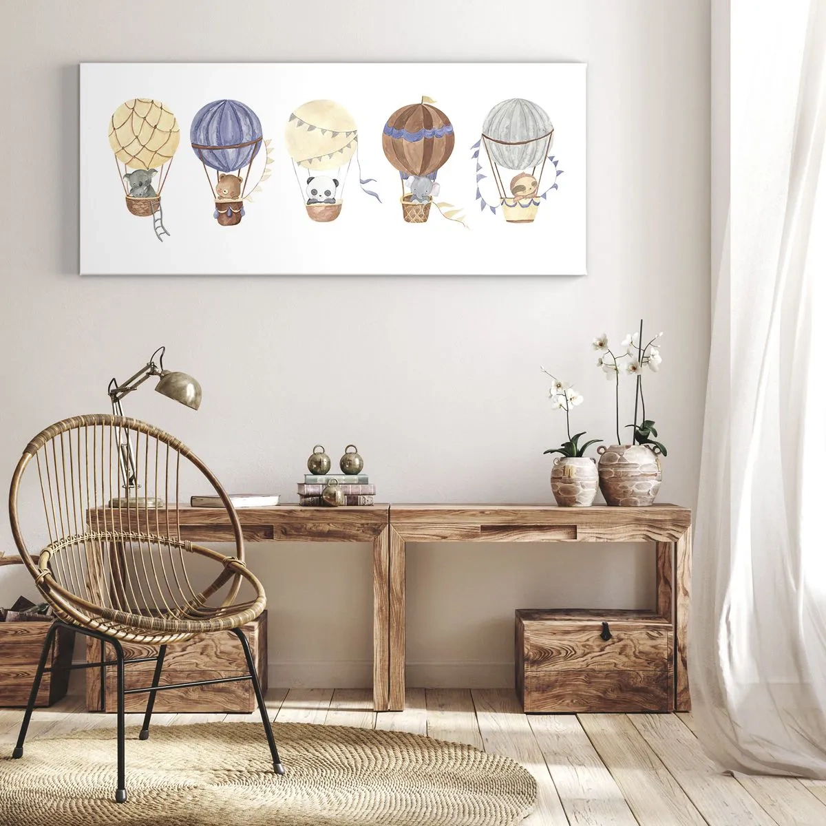 Quadro su tela - Stampe su Tela - Simpatici animali in palloncini su sfondo bianco - 140x50cm - Amici in viaggio - Decorazione murale moderna per soggiorno e camera da letto ARTTOR