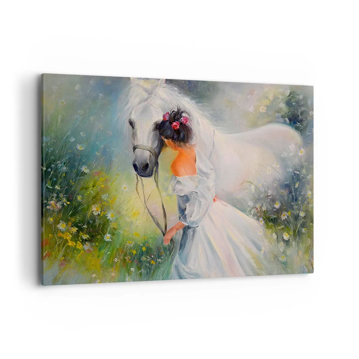 Quadro su tela - Stampe su Tela - Una donna con un cavallo bianco in un ambiente pittoresco - 120x80cm - Come in un bel sogno - Decorazione murale moderna per soggiorno e camera da letto ARTTOR