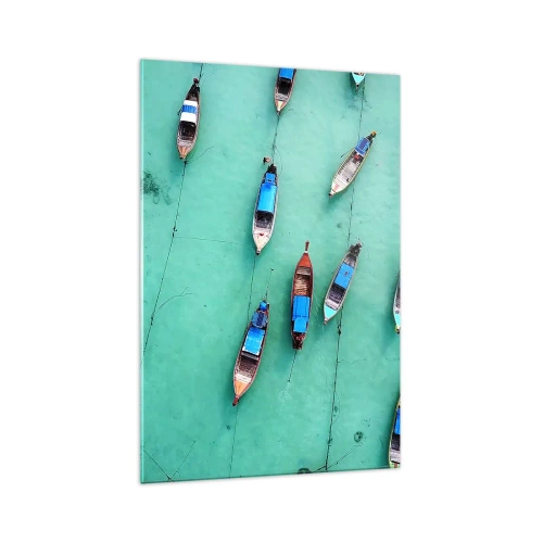 Quadro su vetro - Una vista a volo d'uccello delle barche sull'acqua turchese - 70x100cm - In gioiosa attesa - Decorazione murale moderna per soggiorno e camera da letto ARTTOR