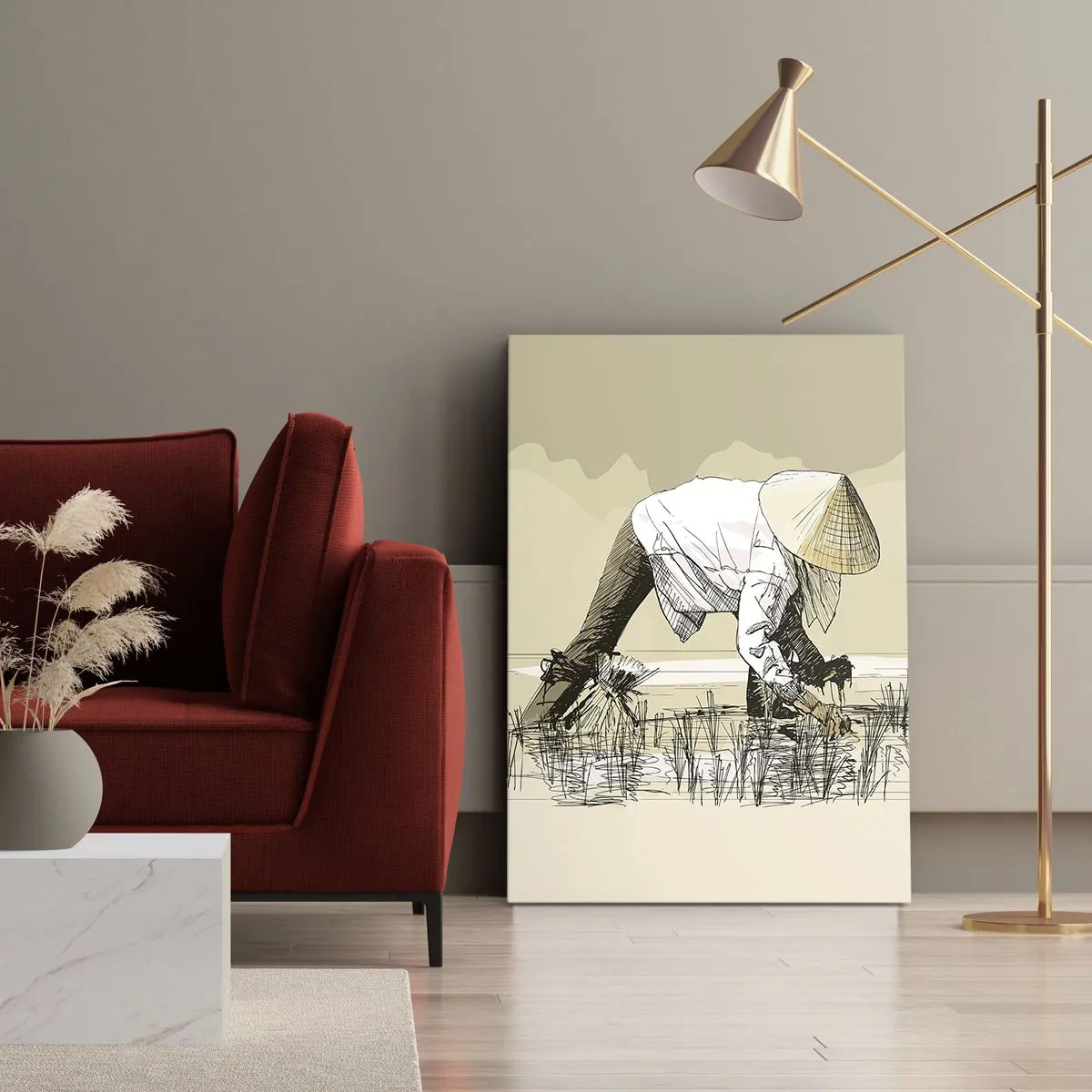 Quadro su tela - Stampe su Tela - Contadini che lavorano in una risaia indossando copricapi tradizionali - 50x70cm - Buon raccolto - Decorazione murale moderna per soggiorno e camera da letto ARTTOR