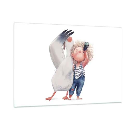 Quadro su vetro - Bambino con binocolo e cicogna in uno stile di illustrazione divertente - 120x80cm - Il progetto di un grande viaggio - Decorazione murale moderna per soggiorno e camera da letto ARTTOR