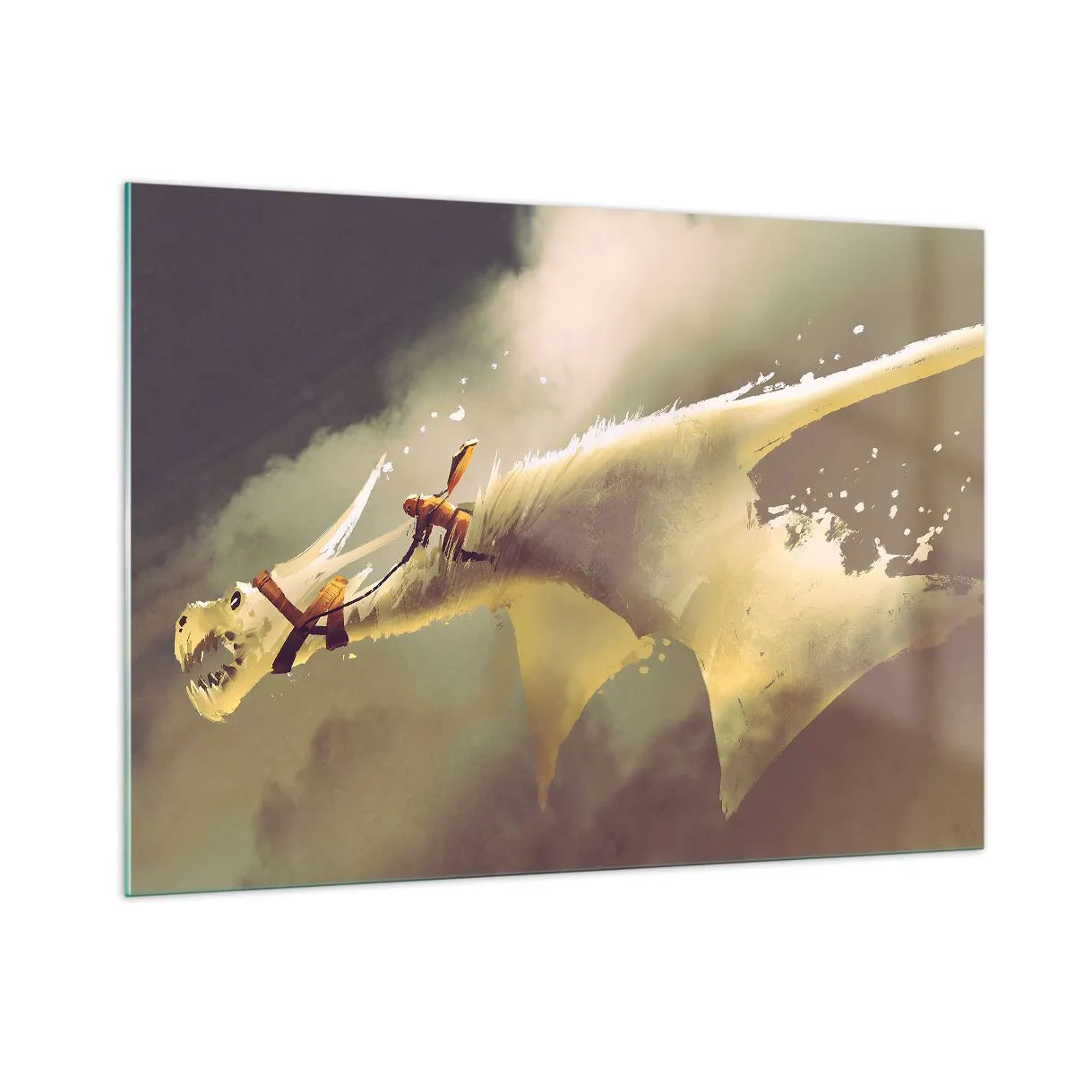Quadro su vetro - Una figura sul dorso di un drago bianco in un paesaggio nebbioso - 100x70cm - Per salvare il mondo - Decorazione murale moderna per soggiorno e camera da letto ARTTOR