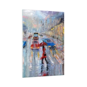 Quadro su vetro - Una donna con un ombrello in una strada piovosa, illuminata dalle luci al neon. - 70x100cm - Pomeriggio di pioggia in città - Decorazione murale moderna per soggiorno e camera da letto ARTTOR