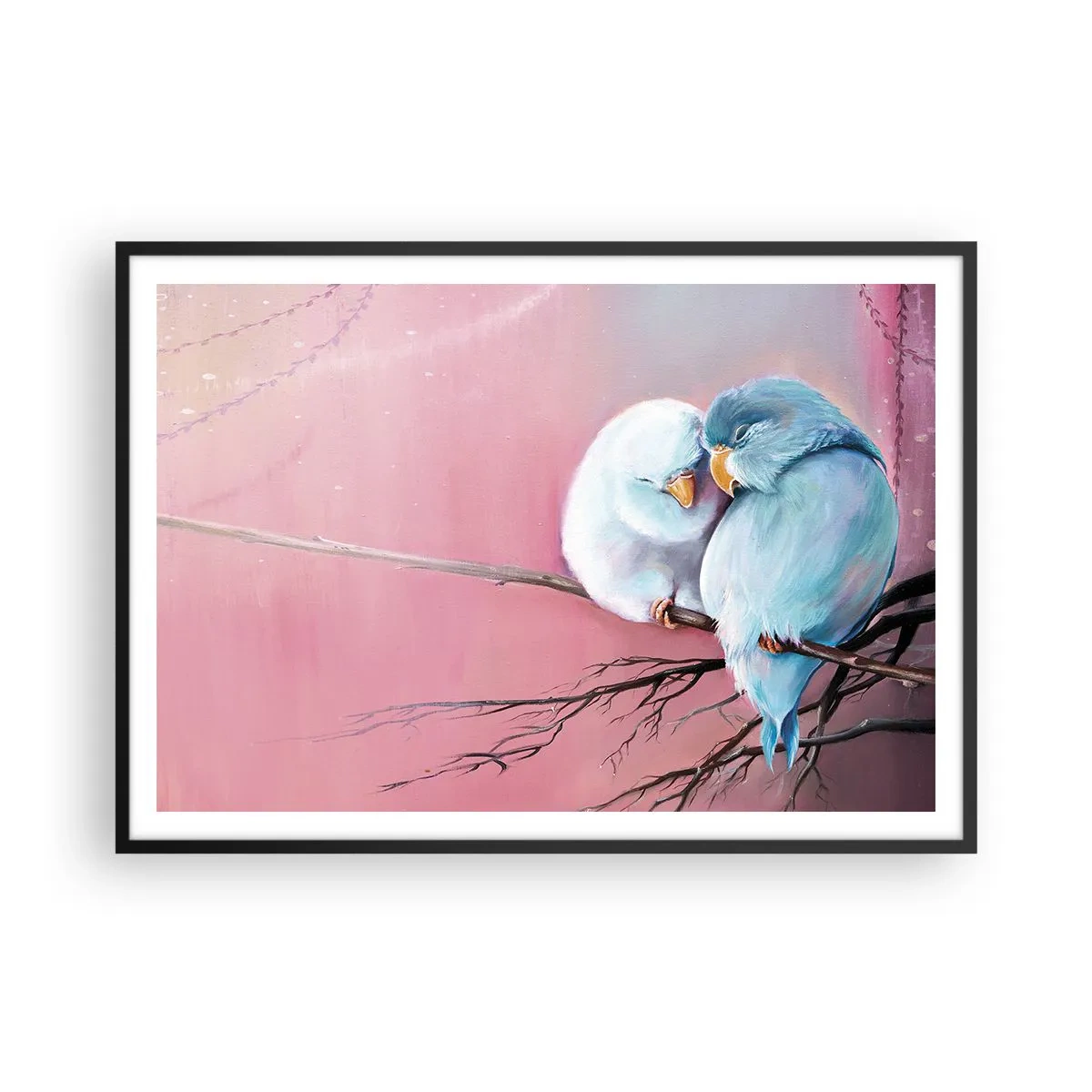 Poster in cornice nera - Due uccelli innamorati su un ramo su uno sfondo rosa - 100x70cm - Che cosa aggiungere? - Decorazione murale moderna per soggiorno e camera da letto ARTTOR