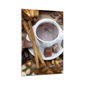 Quadro su vetro - Una tazza di cioccolata calda con guarnizioni su uno sfondo rustico - 50x70cm - Dalla fantastica fabbrica di cioccolato - Decorazione murale moderna per soggiorno e camera da letto ARTTOR
