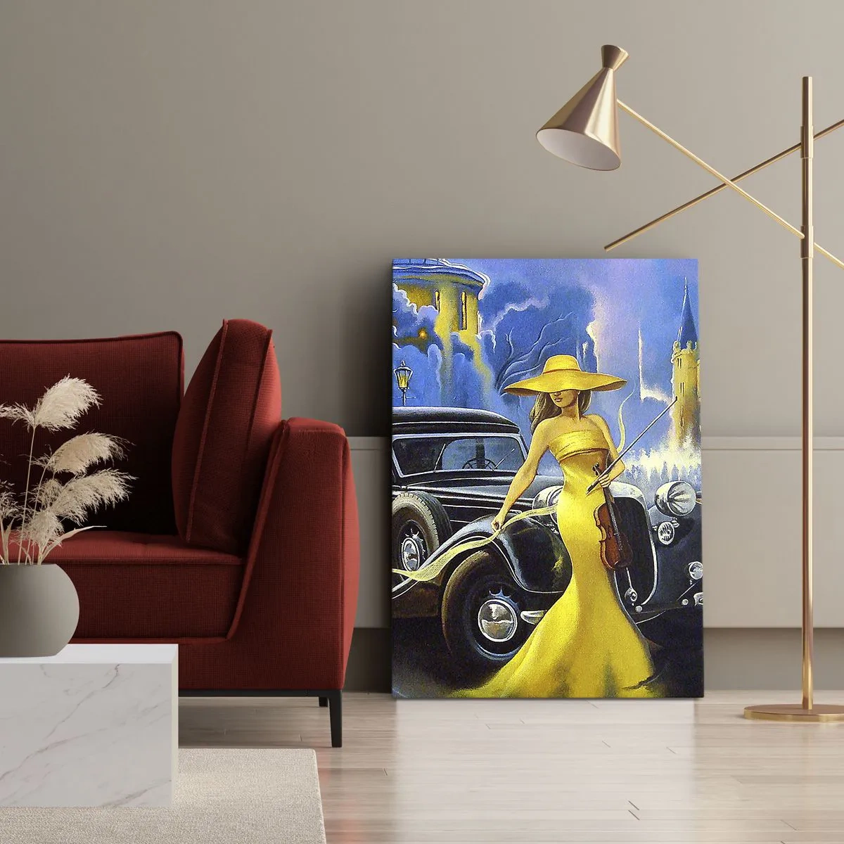 Quadro su tela - Stampe su Tela - Una donna con un vestito giallo e un violino accanto a un'auto d'epoca. - 50x70cm - Notturno per violino e amore - Decorazione murale moderna per soggiorno e camera da letto ARTTOR