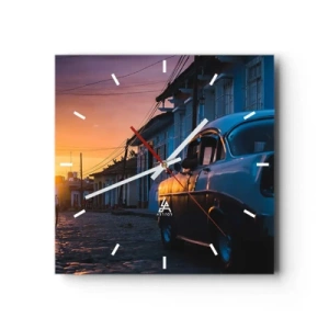 Orologio da parete - Orologio in Vetro - Auto e bicicletta retrò sulla strada alla luce del sole al tramonto - 30x30cm - Qui il tempo rallenta - Decorazione murale moderna per soggiorno e camera da letto ARTTOR