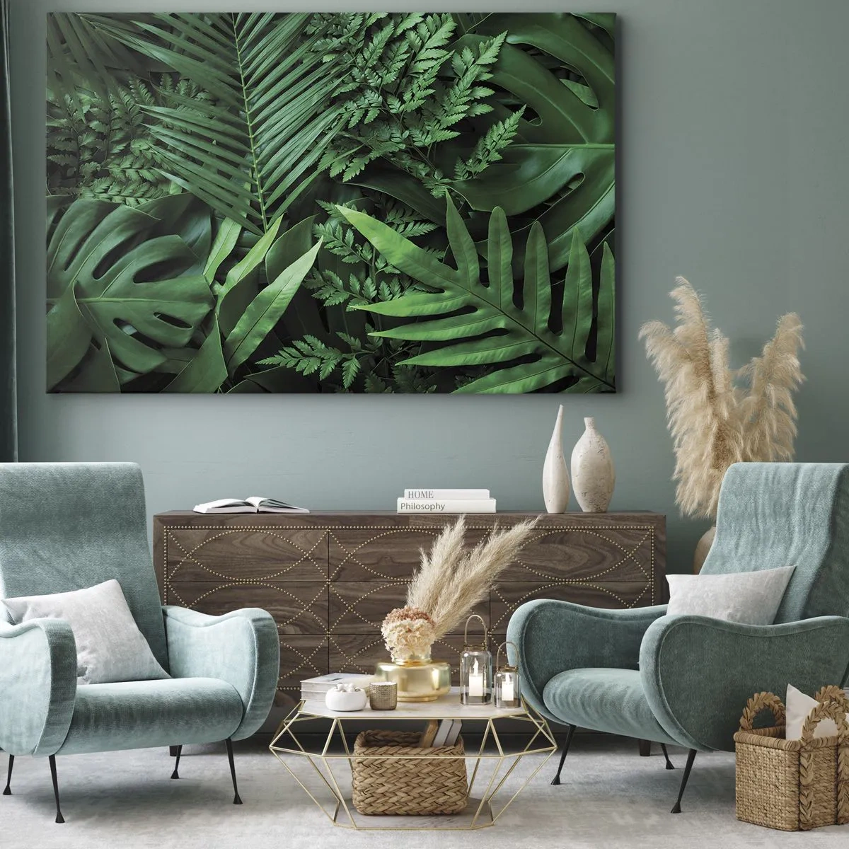 Quadro su tela - Stampe su Tela - Foglie tropicali verdi in una composizione densa e naturale - 120x80cm - Avvolti nel verde - Decorazione murale moderna per soggiorno e camera da letto ARTTOR