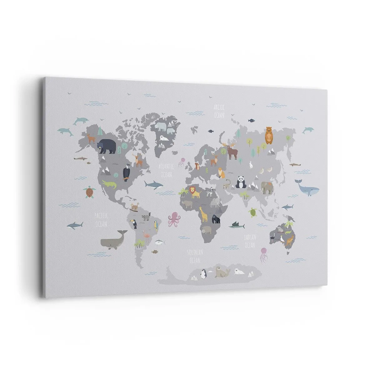 Quadro su tela - Stampe su Tela - Una mappa del mondo con illustrazioni di animali su uno sfondo grigio - 120x80cm - Dimmi di dove sei... - Decorazione murale moderna per soggiorno e camera da letto ARTTOR