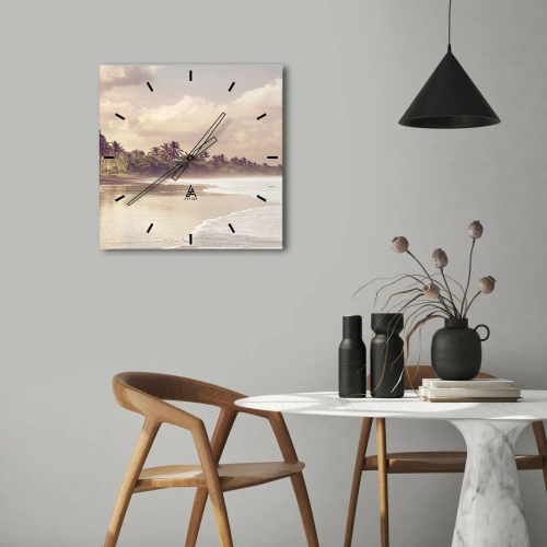 Orologio da parete - Orologio in Vetro - Una spiaggia con palme e onde dolci al mattino - 30x30cm - La carezza delle onde - Decorazione murale moderna per soggiorno e camera da letto ARTTOR