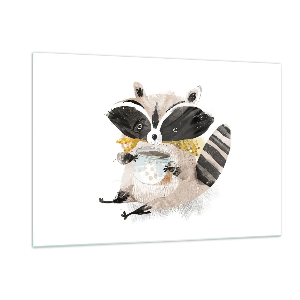 Quadro su vetro - Un simpatico procione che tiene in mano una tazza di bevanda - 120x80cm - Il mio amico procione - Decorazione murale moderna per soggiorno e camera da letto ARTTOR