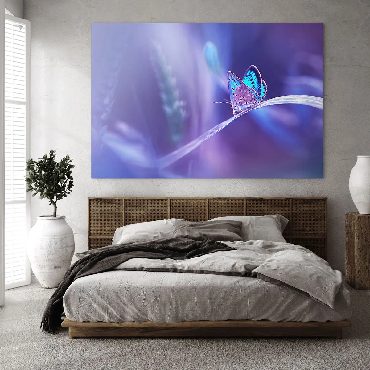 Quadro su vetro - Farfalla su uno sfondo di luce viola - 100x70cm - Gioielli della natura - Decorazione murale moderna per soggiorno e camera da letto ARTTOR