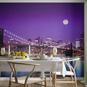 Fotomurali Standard Eco - Luce della grande città in viola - Città, New York, ponte di Brooklyn - 300x210 cm