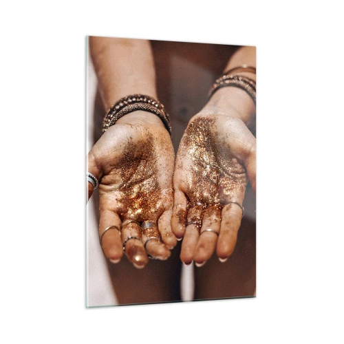 Quadro su vetro - Mani aperte con glitter nella luce calda - 50x70cm - Un dono per te - Decorazione murale moderna per soggiorno e camera da letto ARTTOR