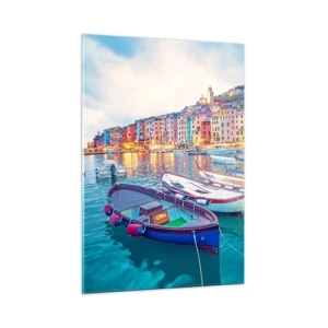 Quadro su vetro - Vista serale delle Cinque Terre con i suoi edifici colorati - 50x70cm - Sera colorata nel porto - Decorazione murale moderna per soggiorno e camera da letto ARTTOR