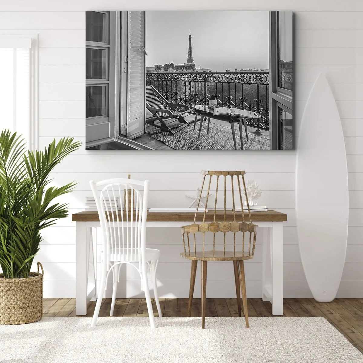 Quadro su tela - Stampe su Tela - Vista della Torre Eiffel dal balcone con sedie a sdraio e tavolo - 120x80cm - Pomeriggio parigino - Decorazione murale moderna per soggiorno e camera da letto ARTTOR