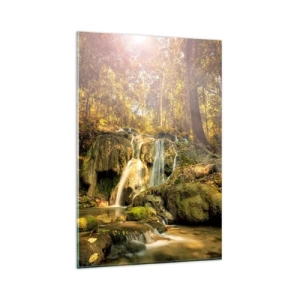 Quadro su vetro - Una cascata nella foresta sotto i raggi del sole, circondata dal verde - 80x120cm - Cascata boschiva in verde - Decorazione murale moderna per soggiorno e camera da letto ARTTOR
