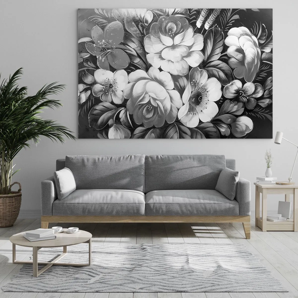Quadro su vetro - Un elegante bouquet di fiori nei toni del grigio - 70x50cm - Belli anche in grigio - Decorazione murale moderna per soggiorno e camera da letto ARTTOR