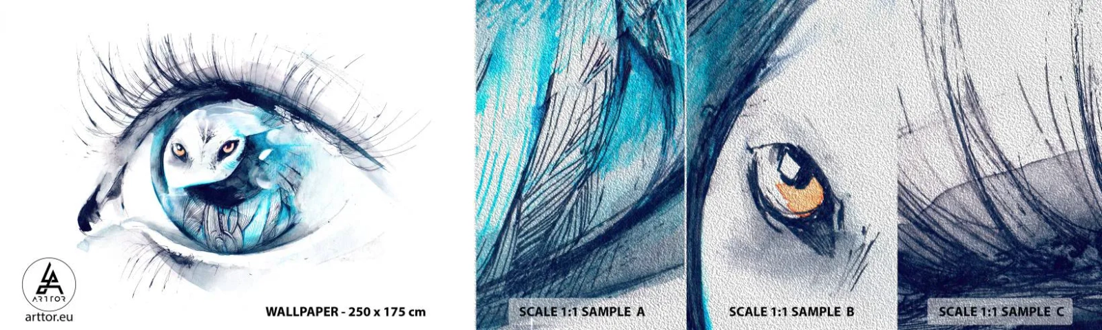 Campione di Fotomurale Premium Sand - Faccia a faccia con la natura selvaggia - Astrazione, Occhio, Gufo - 100x30 cm